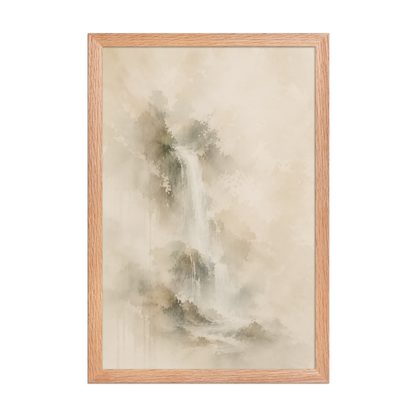 Framed waterfall-inspired poster featuring soft flowing forms in warm neutral and muted earth tones.