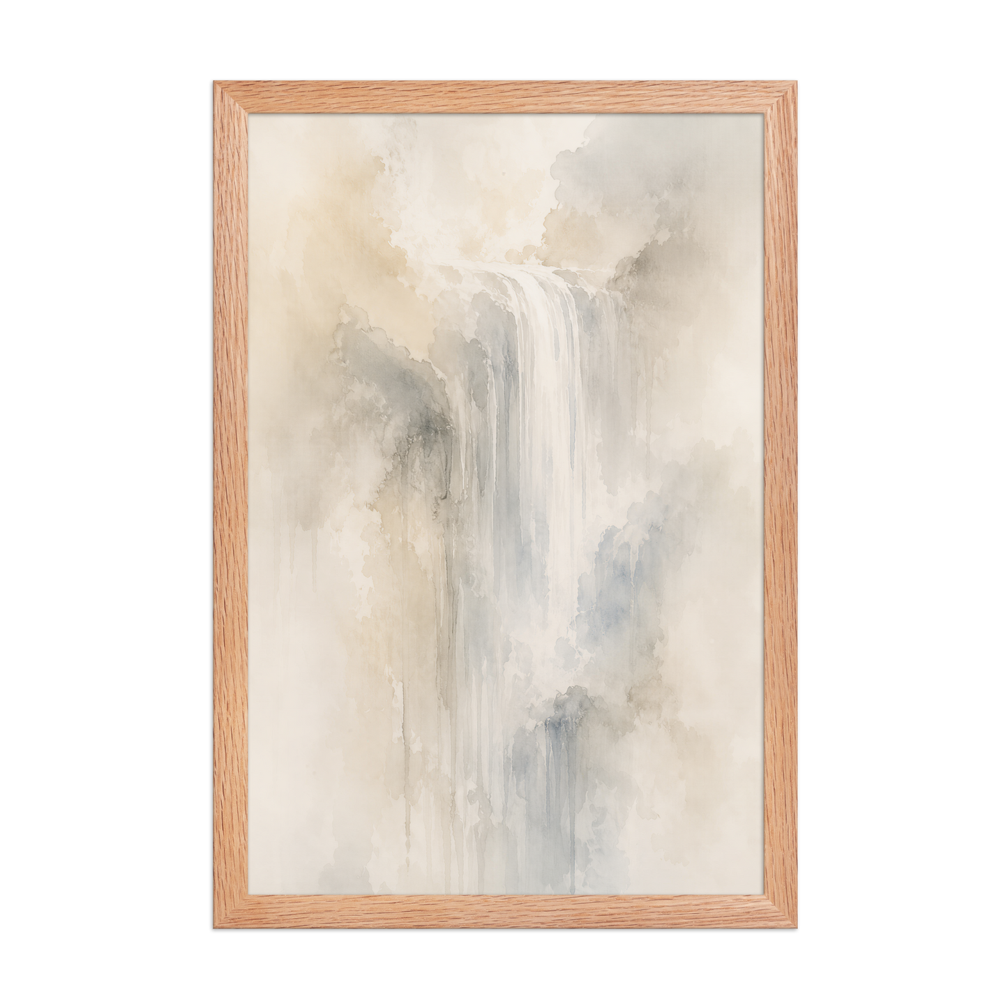 Framed waterfall-inspired poster with soft flowing forms in warm neutrals, misty blues, and subtle organic textures.