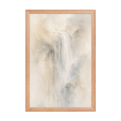 Framed waterfall-inspired poster with soft flowing forms in warm neutrals, misty blues, and subtle organic textures.