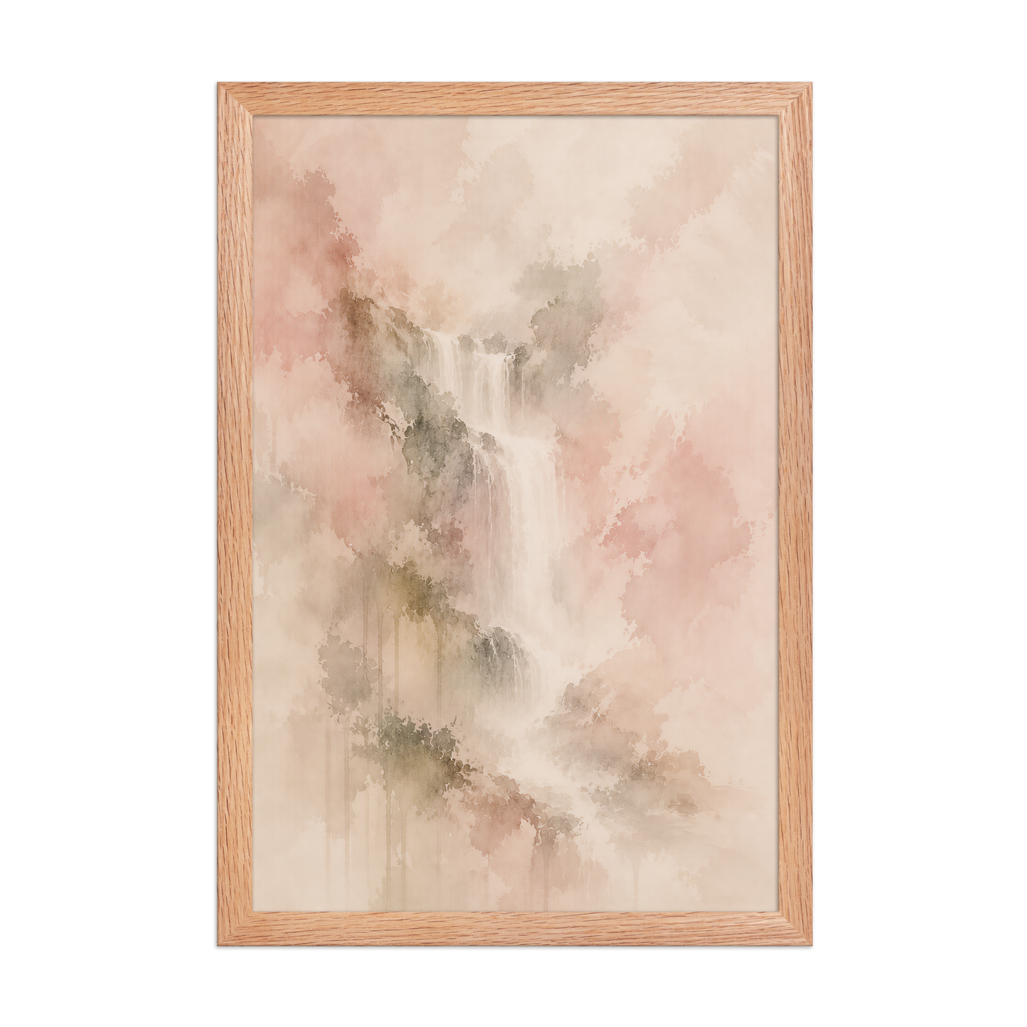 Framed waterfall-inspired poster featuring soft flowing forms in blush, warm neutral, and muted earth tones.