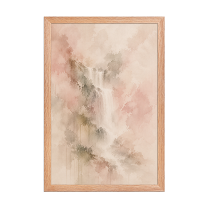 Framed waterfall-inspired poster featuring soft flowing forms in blush, warm neutral, and muted earth tones.