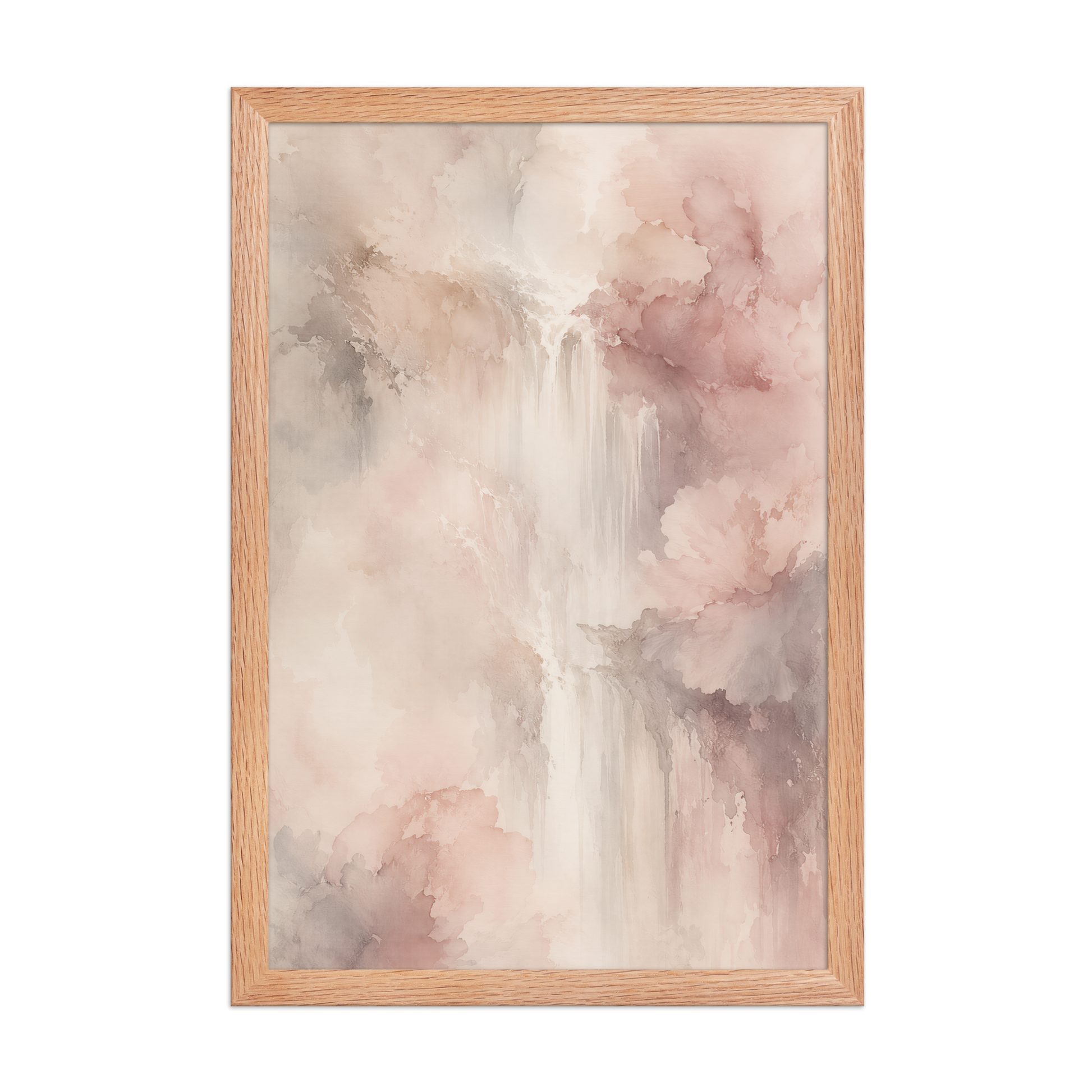 Framed waterfall-inspired poster featuring soft flowing forms in blush pink, warm neutrals, and muted earth tones.