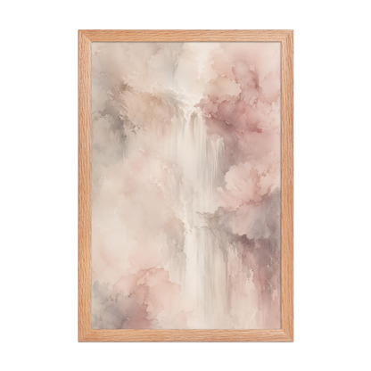 Framed waterfall-inspired poster featuring soft flowing forms in blush pink, warm neutrals, and muted earth tones.