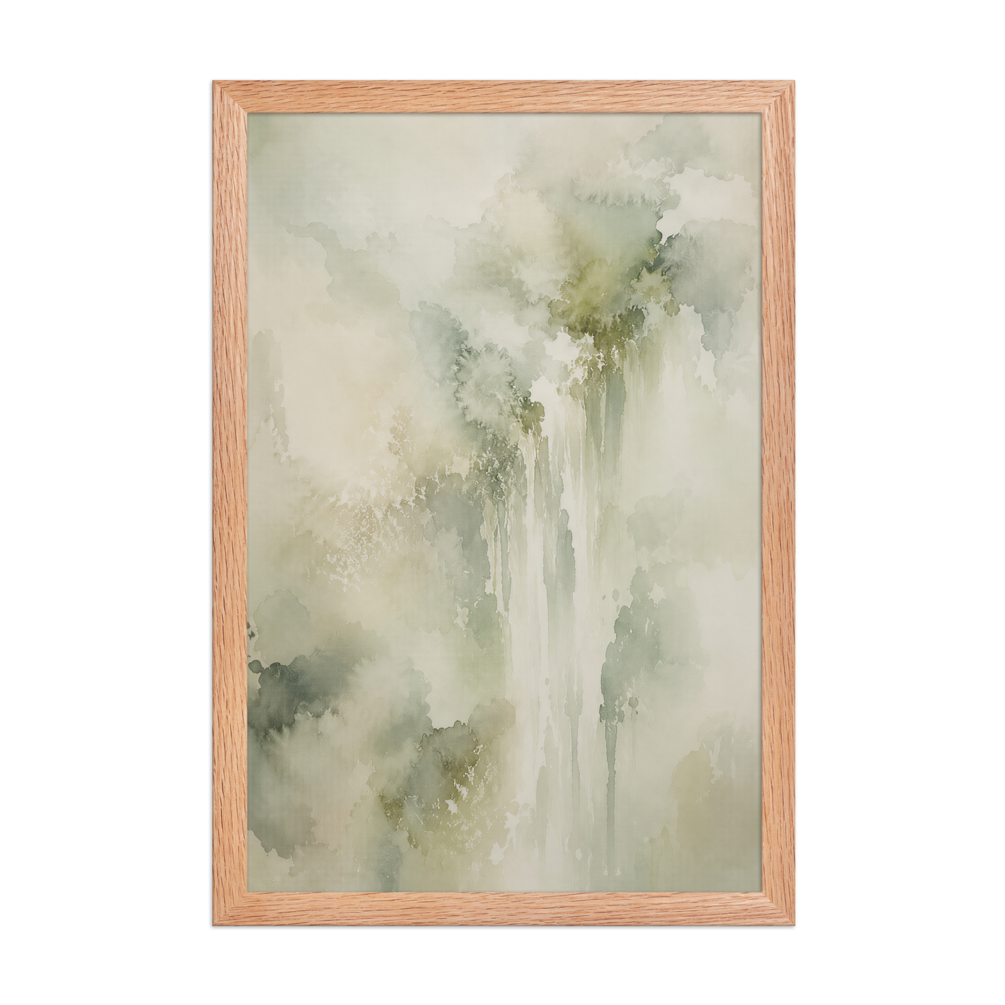 Framed waterfall-inspired poster featuring soft flowing forms in sage green, warm neutrals, and muted natural tones.