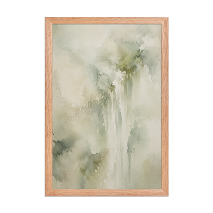 Framed waterfall-inspired poster featuring soft flowing forms in sage green, warm neutrals, and muted natural tones.