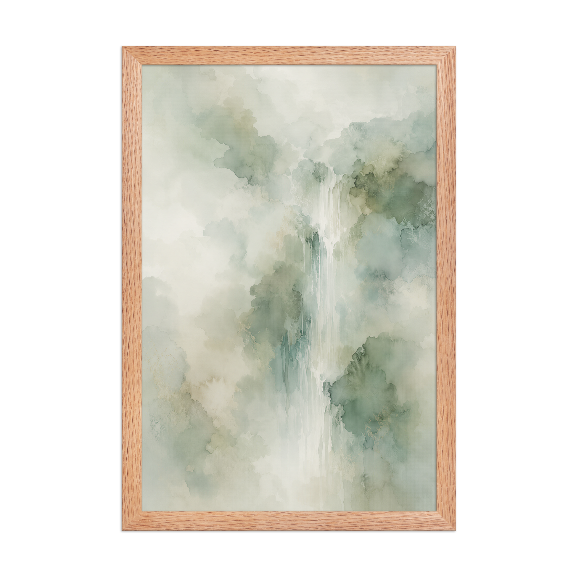 Framed waterfall-inspired poster with soft sage green tones, flowing water, and organic watercolor textures.