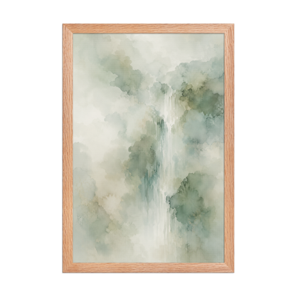 Framed waterfall-inspired poster with soft sage green tones, flowing water, and organic watercolor textures.