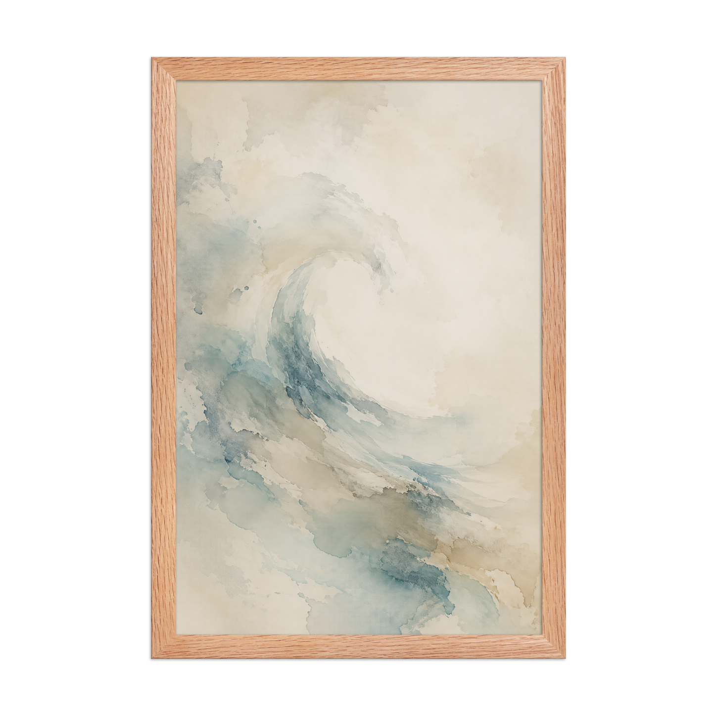 Framed ocean wave-inspired poster with flowing watercolor textures in soft blue, sand, and warm neutral tones.