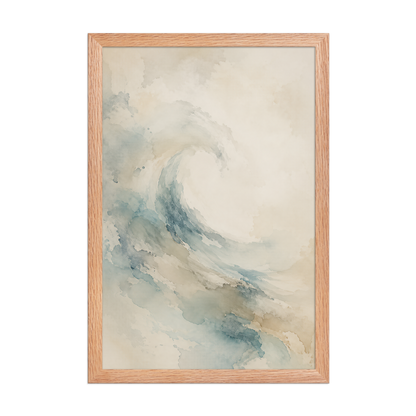 Framed ocean wave-inspired poster with flowing watercolor textures in soft blue, sand, and warm neutral tones.