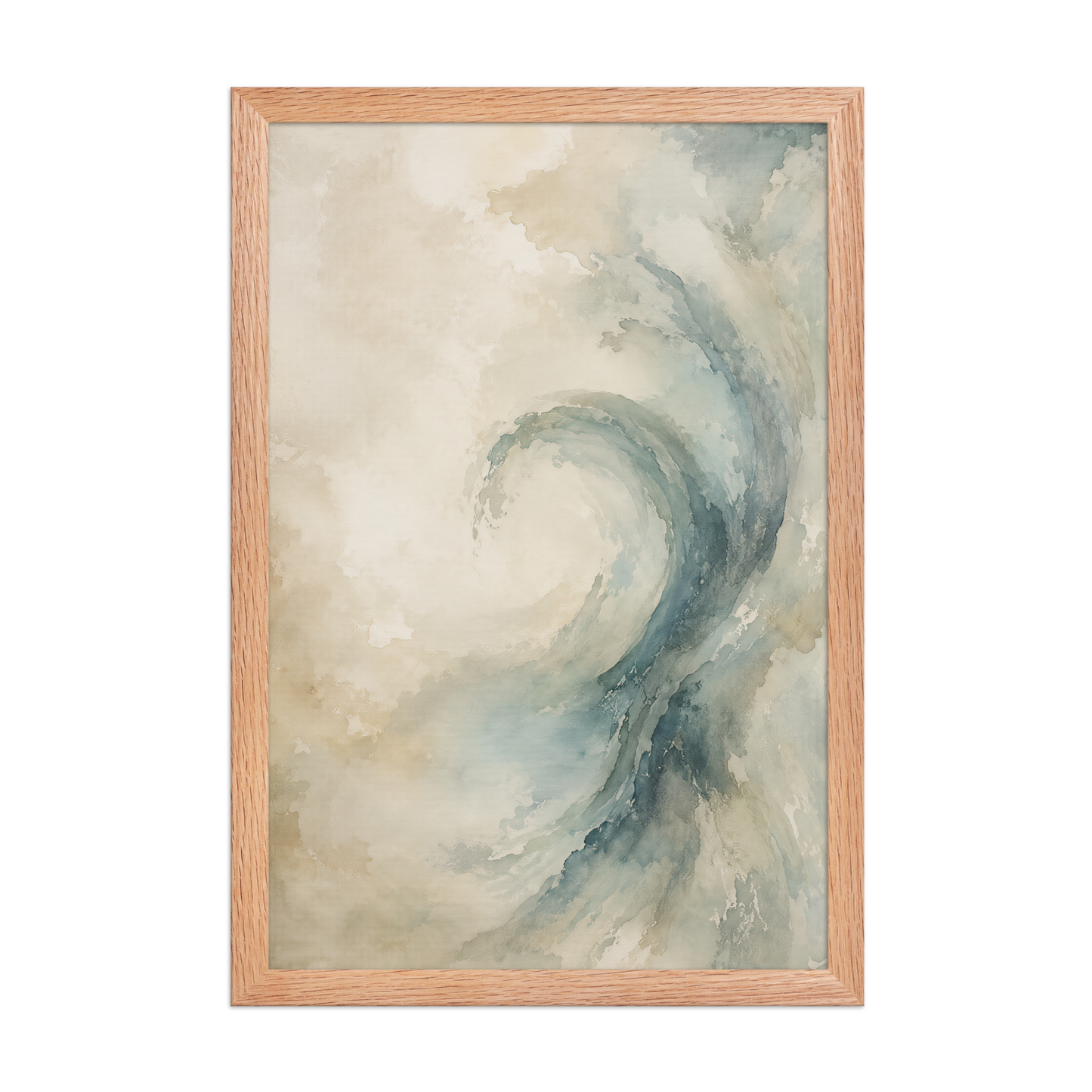 Framed ocean wave-inspired poster with flowing watercolor textures in soft blue, ivory, and warm neutral tones.