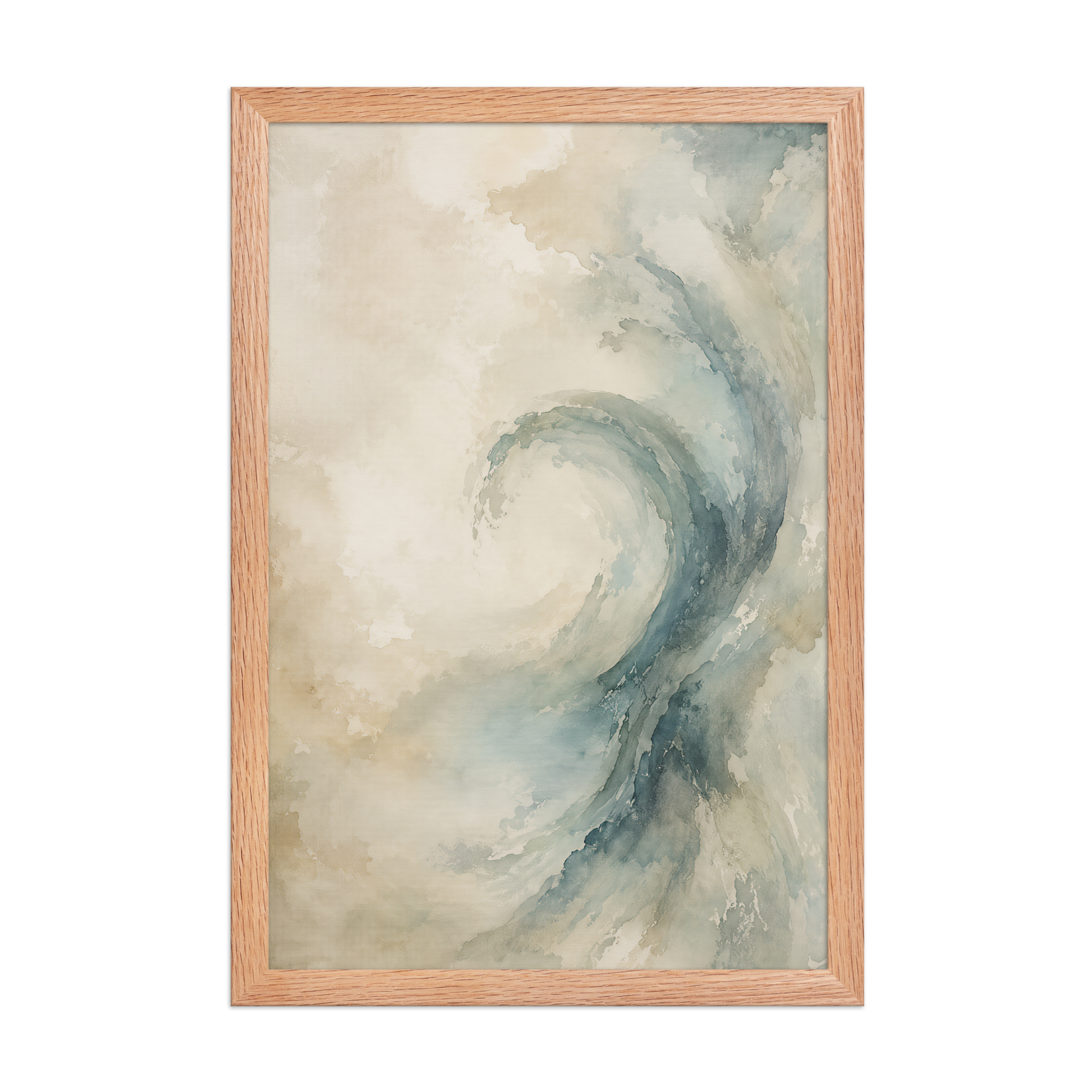 Framed ocean wave-inspired poster with flowing watercolor textures in soft blue, ivory, and warm neutral tones.