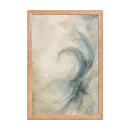 Framed ocean wave-inspired poster with flowing watercolor textures in soft blue, ivory, and warm neutral tones.