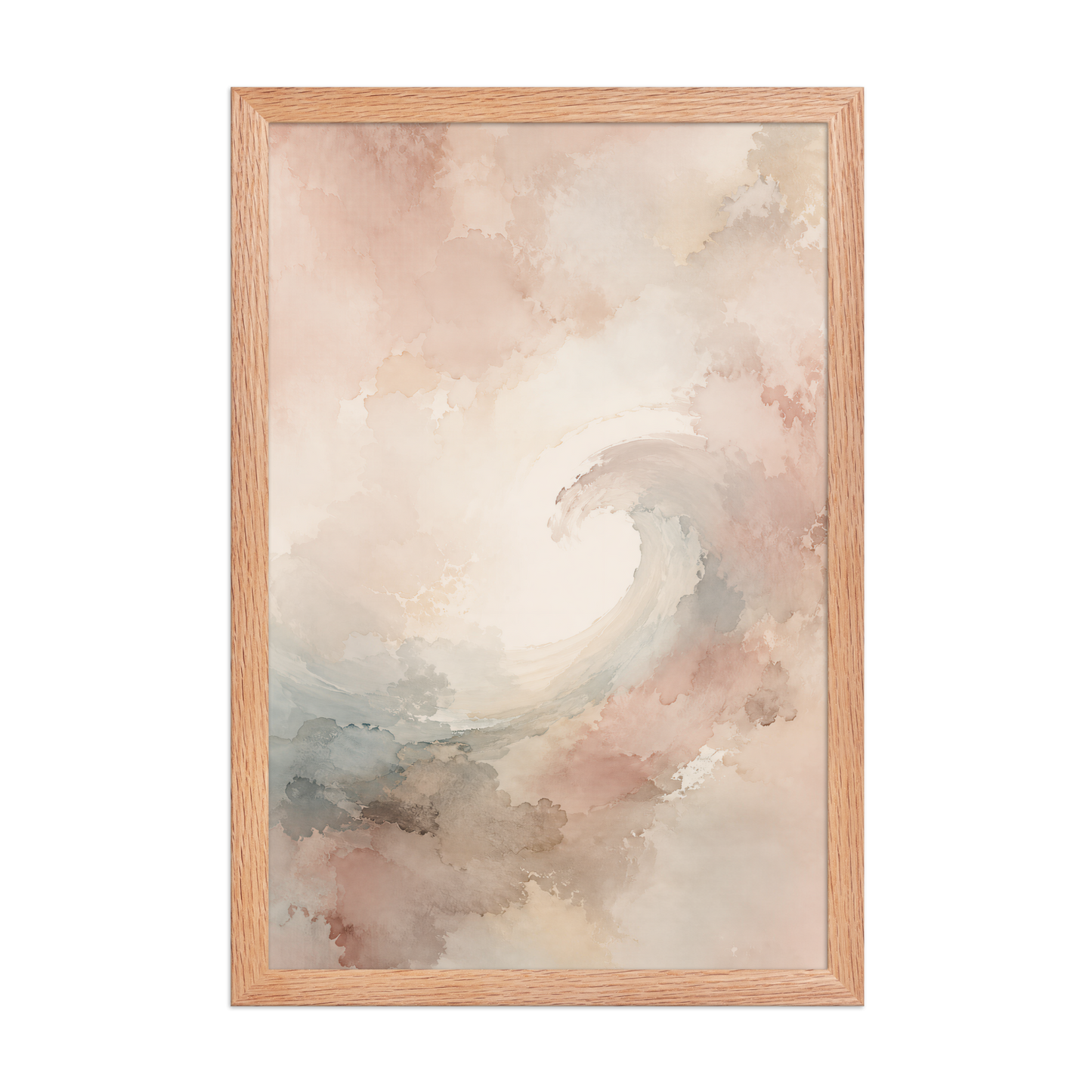 Framed ocean wave-inspired poster with flowing watercolor textures in blush, soft blue, and warm neutral tones.