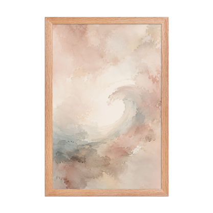 Framed ocean wave-inspired poster with flowing watercolor textures in blush, soft blue, and warm neutral tones.