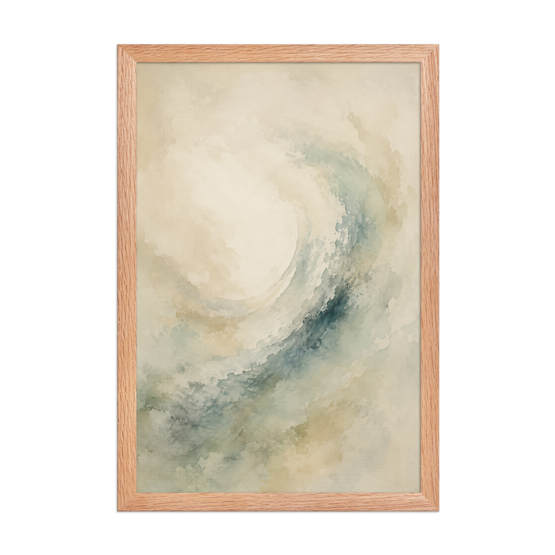 Framed ocean wave-inspired poster with flowing watercolor textures in soft blue, sage, and warm neutral tones.