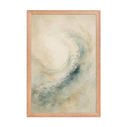 Framed ocean wave-inspired poster with flowing watercolor textures in soft blue, sage, and warm neutral tones.