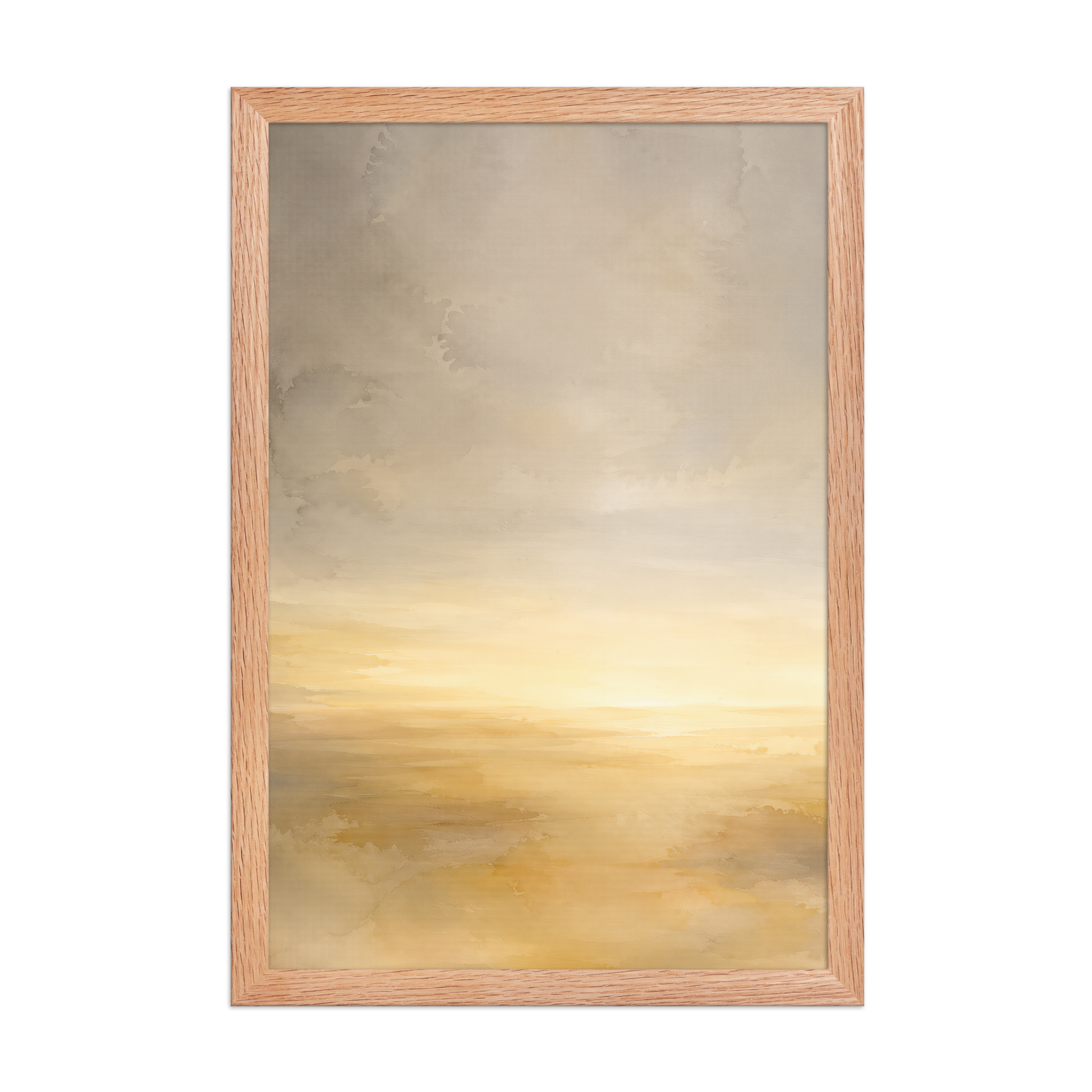 Framed sunrise poster featuring a glowing ocean horizon with soft watercolor textures in warm gold, ivory, and neutral tones.