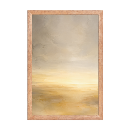 Framed sunrise poster featuring a glowing ocean horizon with soft watercolor textures in warm gold, ivory, and neutral tones.