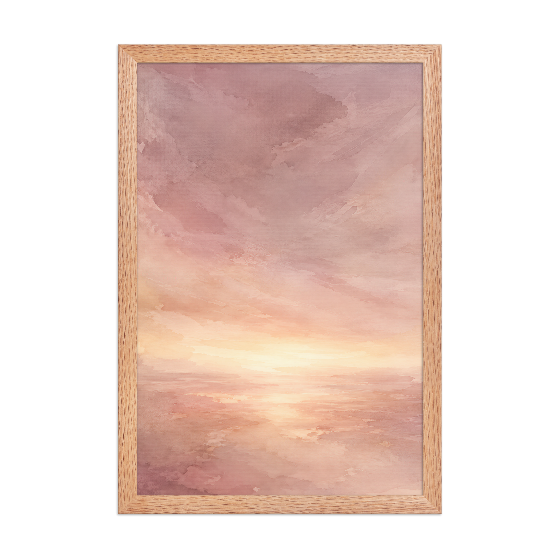 Framed sunrise poster with a glowing blush ocean horizon and soft watercolor textures in pink, peach, and warm neutral tones.