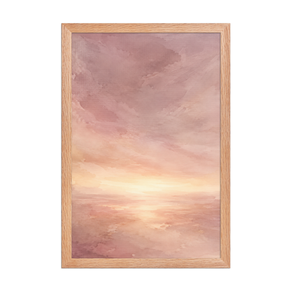 Framed sunrise poster with a glowing blush ocean horizon and soft watercolor textures in pink, peach, and warm neutral tones.