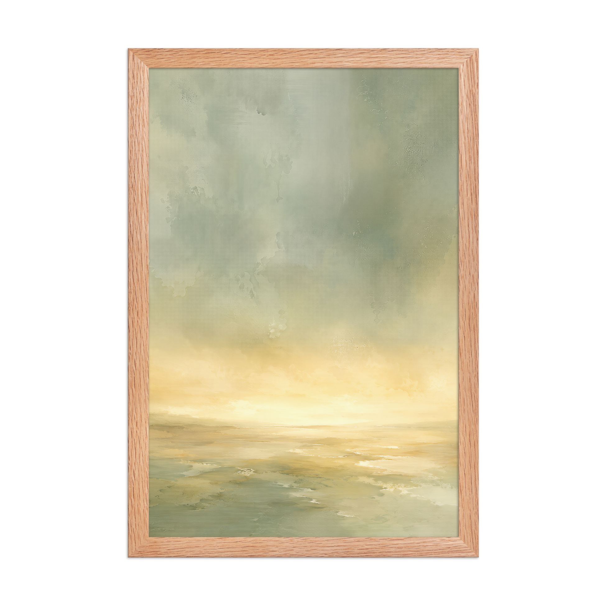 Framed sunrise poster featuring a glowing ocean horizon with soft sage green, warm gold, and watercolor textures.