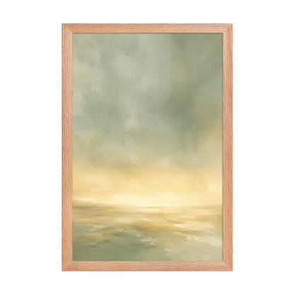 Framed sunrise poster featuring a glowing ocean horizon with soft sage green, warm gold, and watercolor textures.