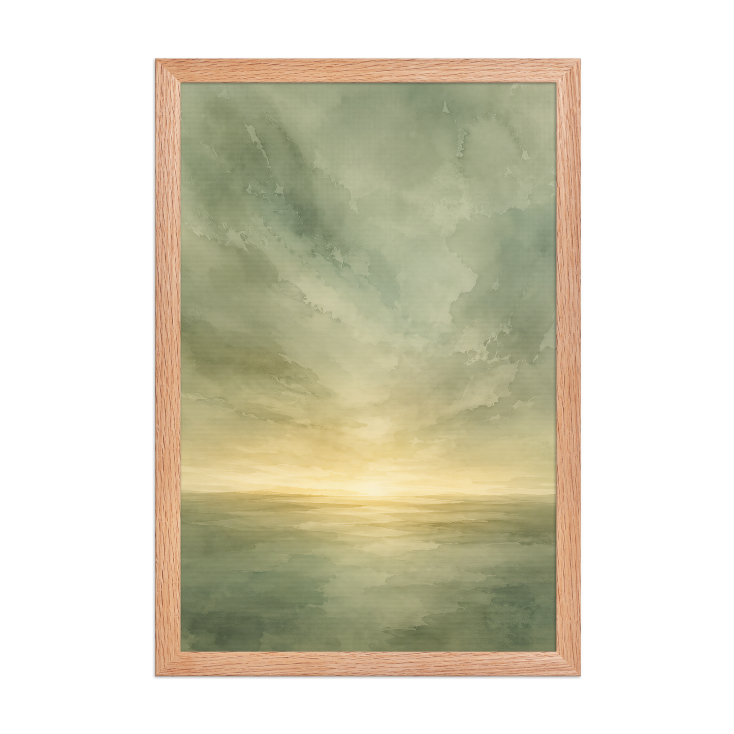 Framed sunrise poster featuring a glowing ocean horizon with soft sage green watercolor textures and warm golden light.