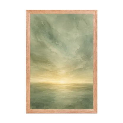Framed sunrise poster featuring a glowing ocean horizon with soft sage green watercolor textures and warm golden light.