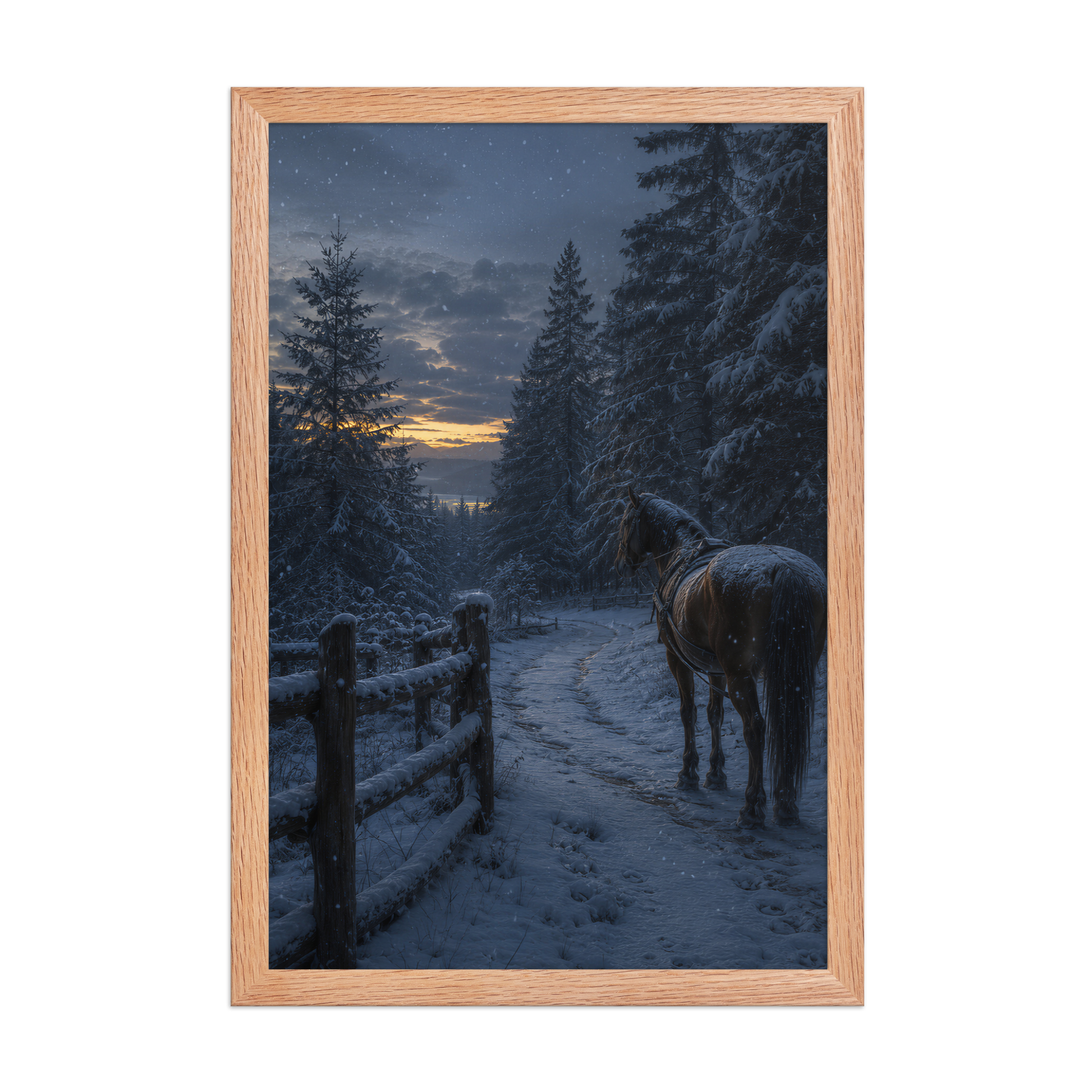 Framed winter forest poster featuring a lone horse on a snowy woodland path at twilight, inspired by Robert Frost's Miles to go, original Visual Poetry artwork.