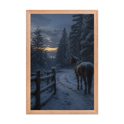 Framed winter forest poster featuring a lone horse on a snowy woodland path at twilight, inspired by Robert Frost's Miles to go, original Visual Poetry artwork.