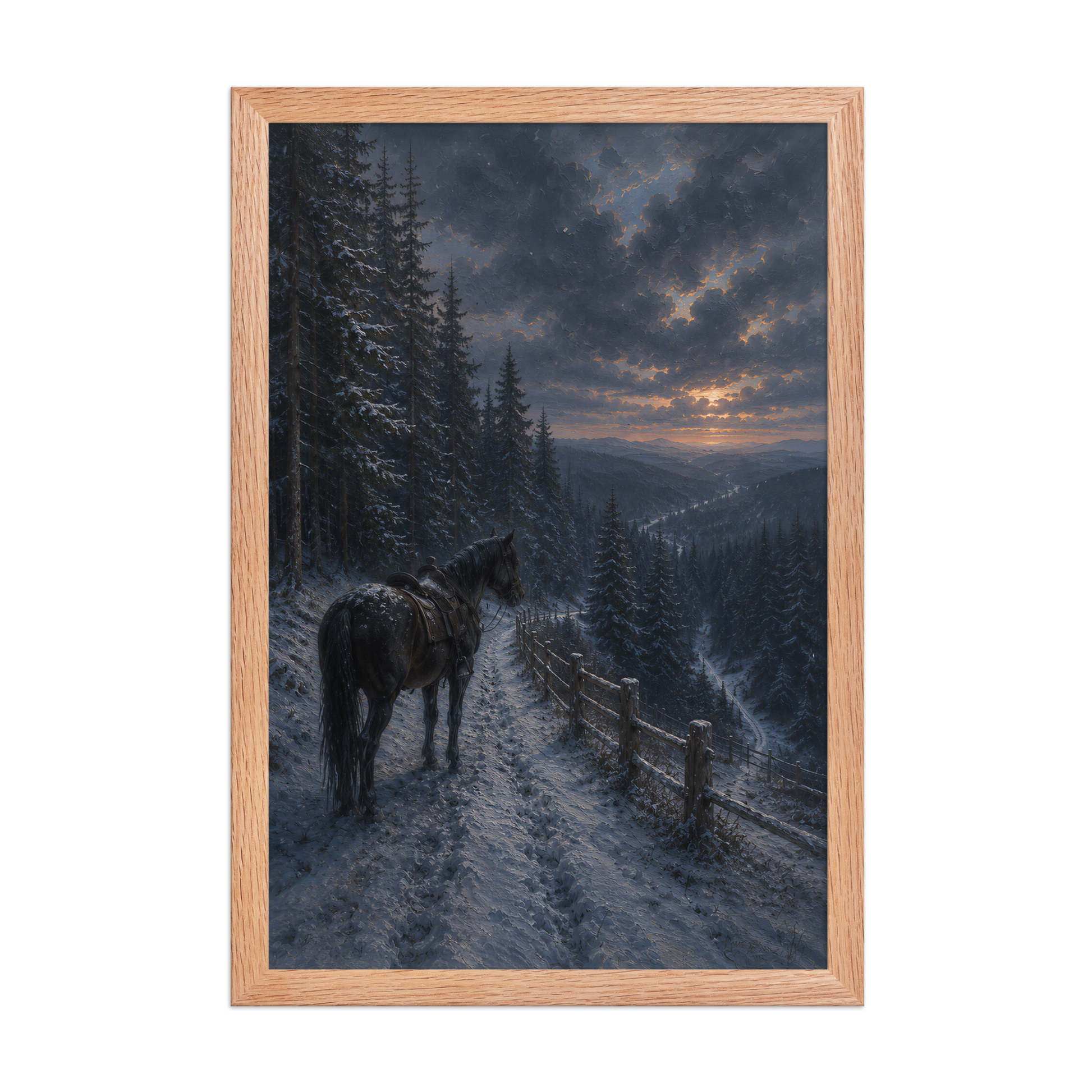 Framed mountain trail poster featuring a lone horse overlooking a snowy valley at winter sunset, inspired by Robert Frost's The Road Not Taken, original Visual Poetry artwork.