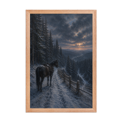 Framed mountain trail poster featuring a lone horse overlooking a snowy valley at winter sunset, inspired by Robert Frost's The Road Not Taken, original Visual Poetry artwork.