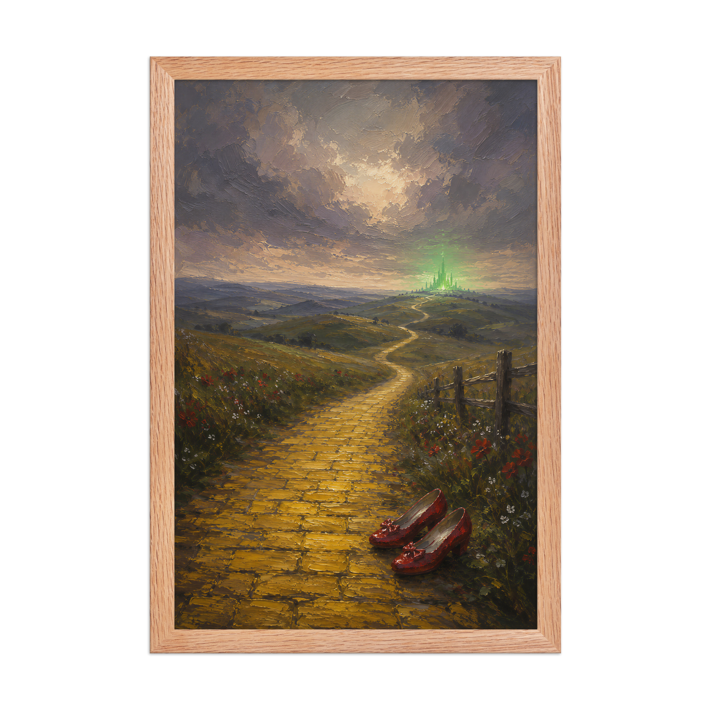 Framed Yellow Brick Road poster featuring ruby slippers beside a winding golden path leading toward a distant emerald city, inspired by There's No Place Like Home, original Visual Poetry artwork.
