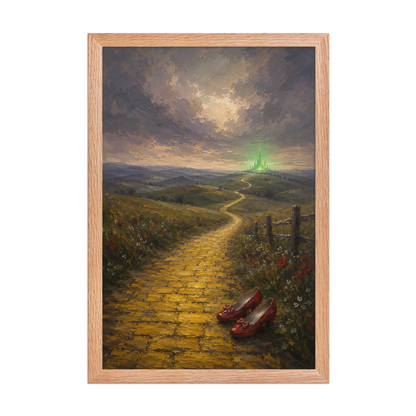 Framed Yellow Brick Road poster featuring ruby slippers beside a winding golden path leading toward a distant emerald city, inspired by There's No Place Like Home, original Visual Poetry artwork.