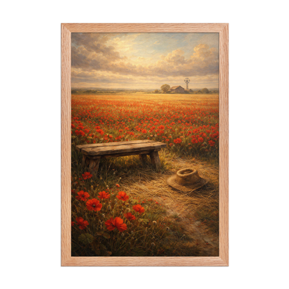Framed Poppy Field poster featuring a rustic bench, straw hat, and a vast field of red poppies beneath a glowing countryside sky, inspired by The Deadly Poppy Field, original Visual Poetry artwork.
