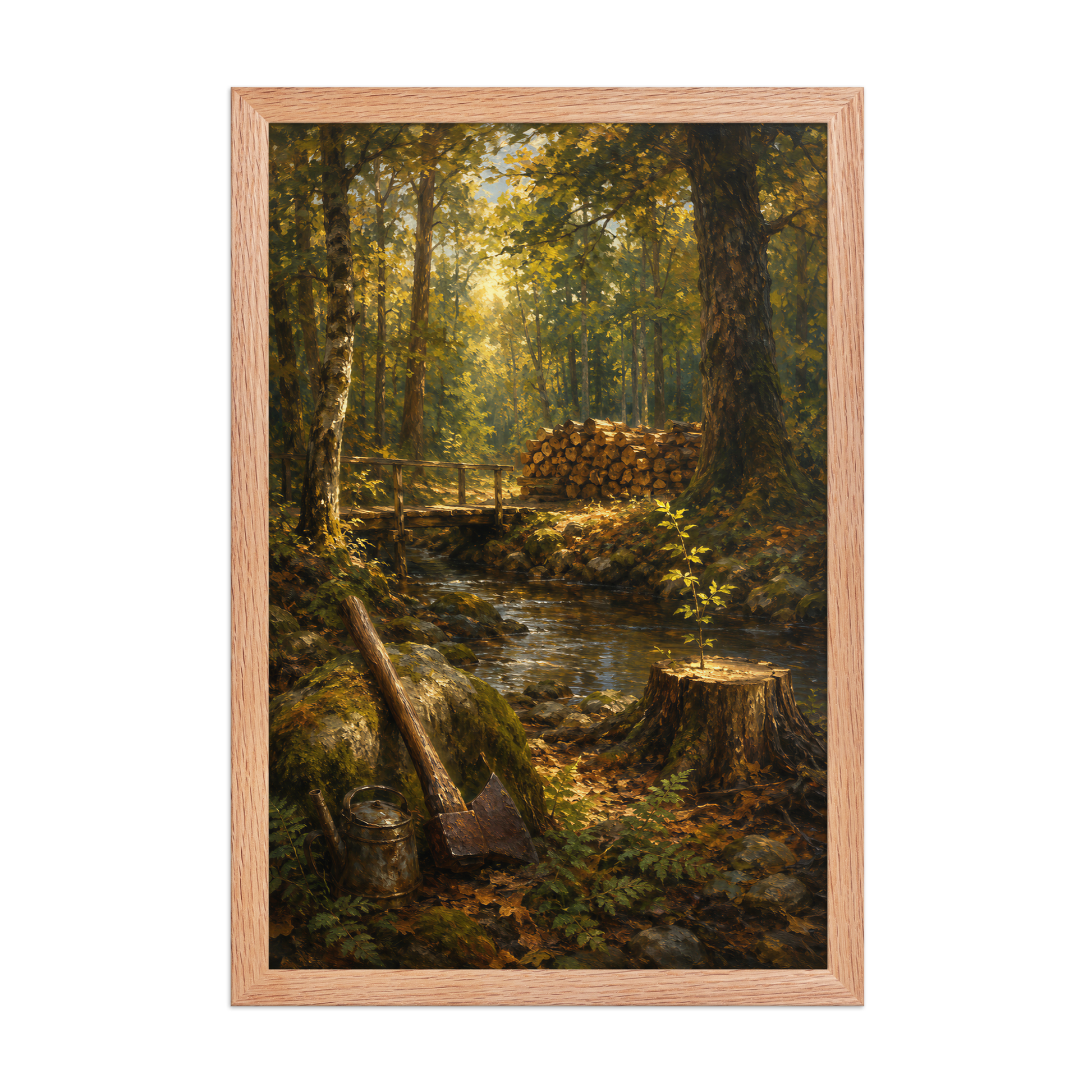 Framed Forest Clearing poster featuring a woodland stream, rustic bridge, axe, stacked firewood, and a young sapling growing from a tree stump, inspired by Follow the Yellow Brick Road, original Visual Poetry artwork.
