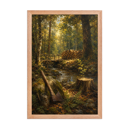 Framed Forest Clearing poster featuring a woodland stream, rustic bridge, axe, stacked firewood, and a young sapling growing from a tree stump, inspired by Follow the Yellow Brick Road, original Visual Poetry artwork.