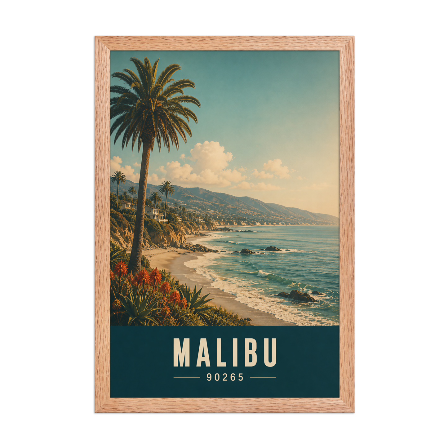 Framed Malibu California retro travel poster with 90265 zip code, coastal beach wall art