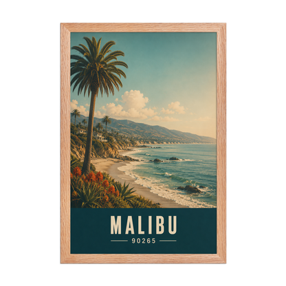 Framed Malibu California retro travel poster with 90265 zip code, coastal beach wall art