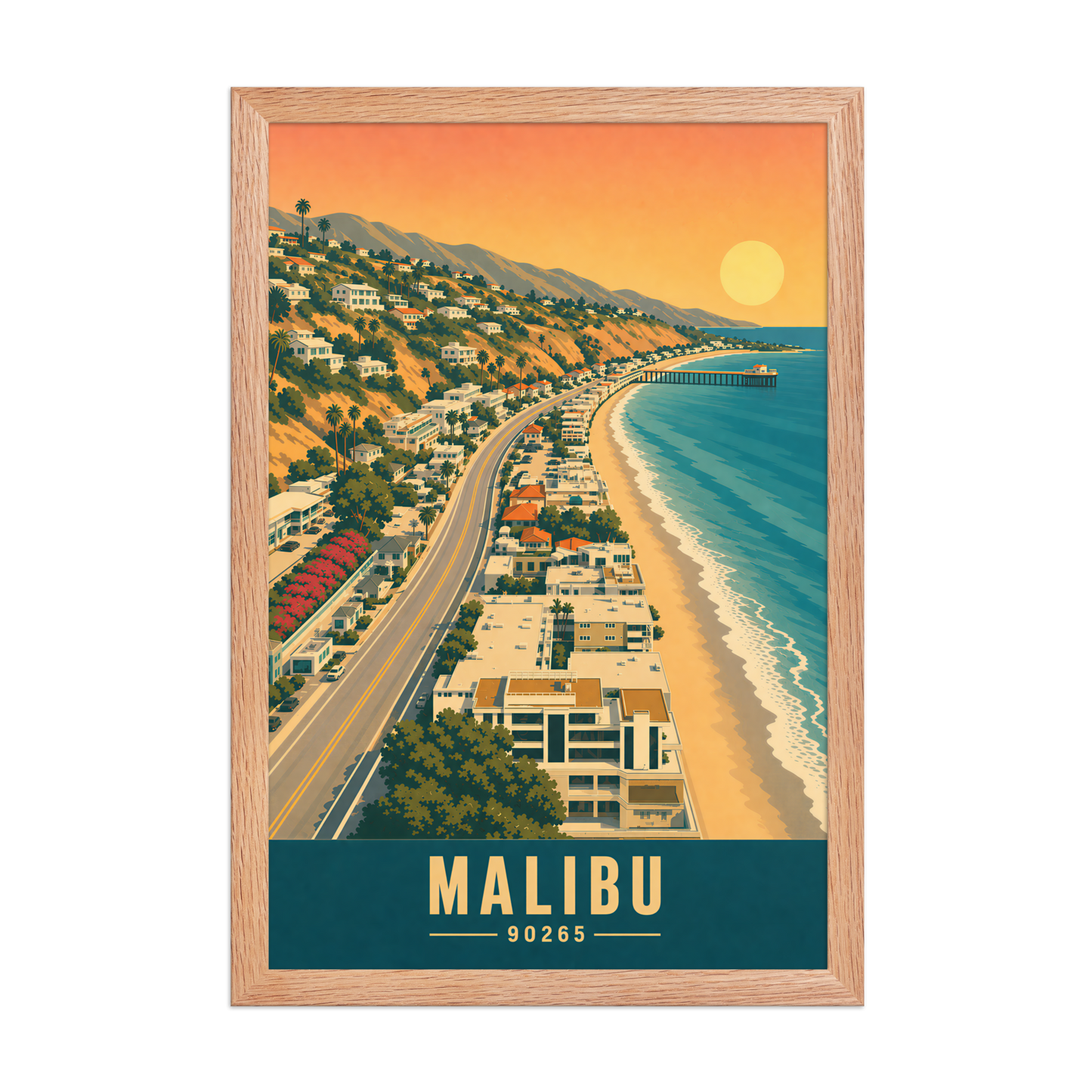 Framed aerial Malibu Pacific Coast Highway poster with 90265 zip code