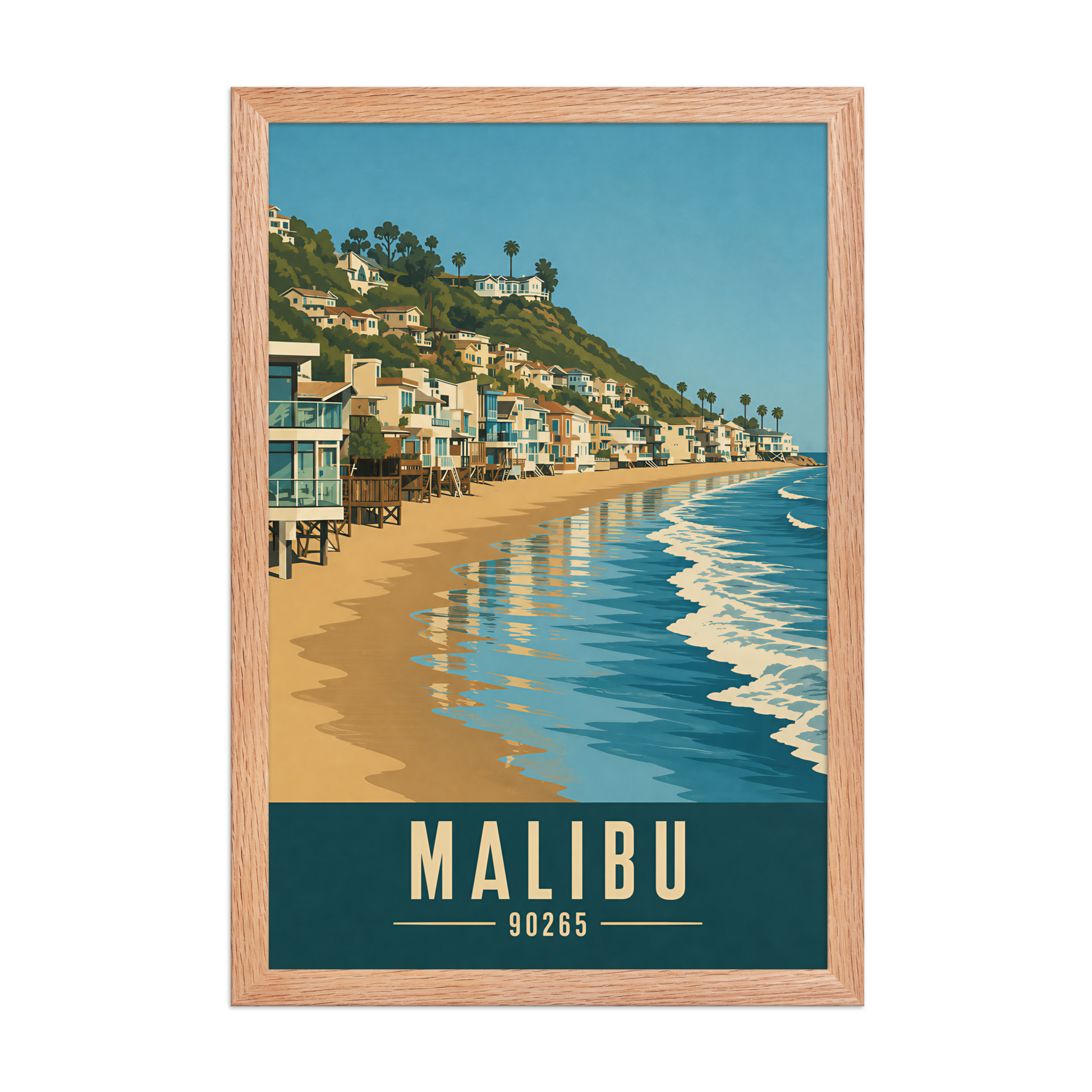 Framed Malibu beach house coastal poster with 90265 zip code