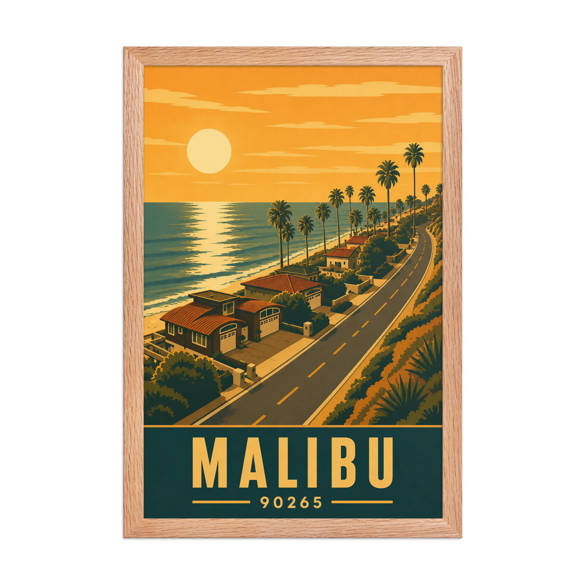 Framed Malibu palm-lined sunset coastal road poster with 90265 zip code
