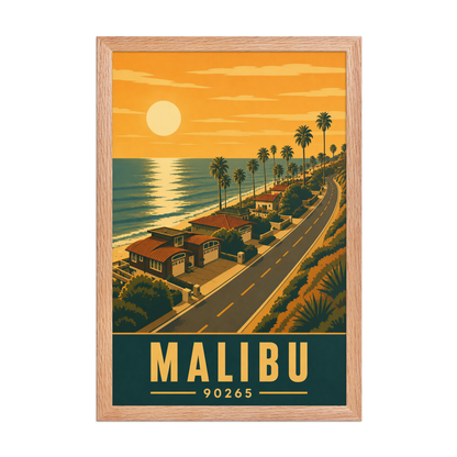 Framed Malibu palm-lined sunset coastal road poster with 90265 zip code