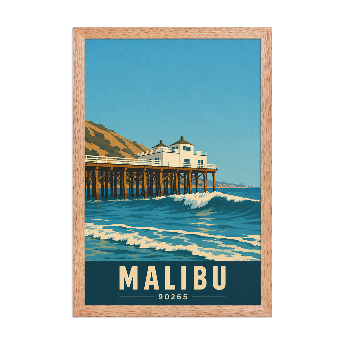 Framed Malibu oceanfront pier and waves poster with 90265 zip code