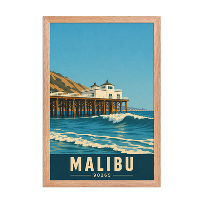 Framed Malibu oceanfront pier and waves poster with 90265 zip code