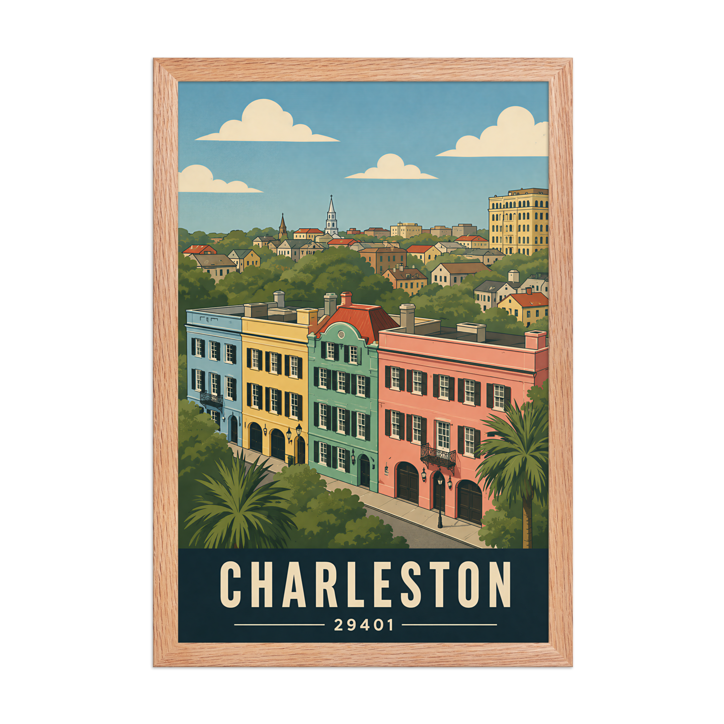 Framed Rainbow Row Charleston historic homes poster with 29401 zip code