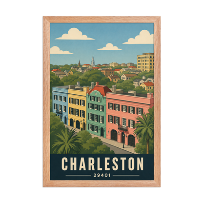 Framed Rainbow Row Charleston historic homes poster with 29401 zip code