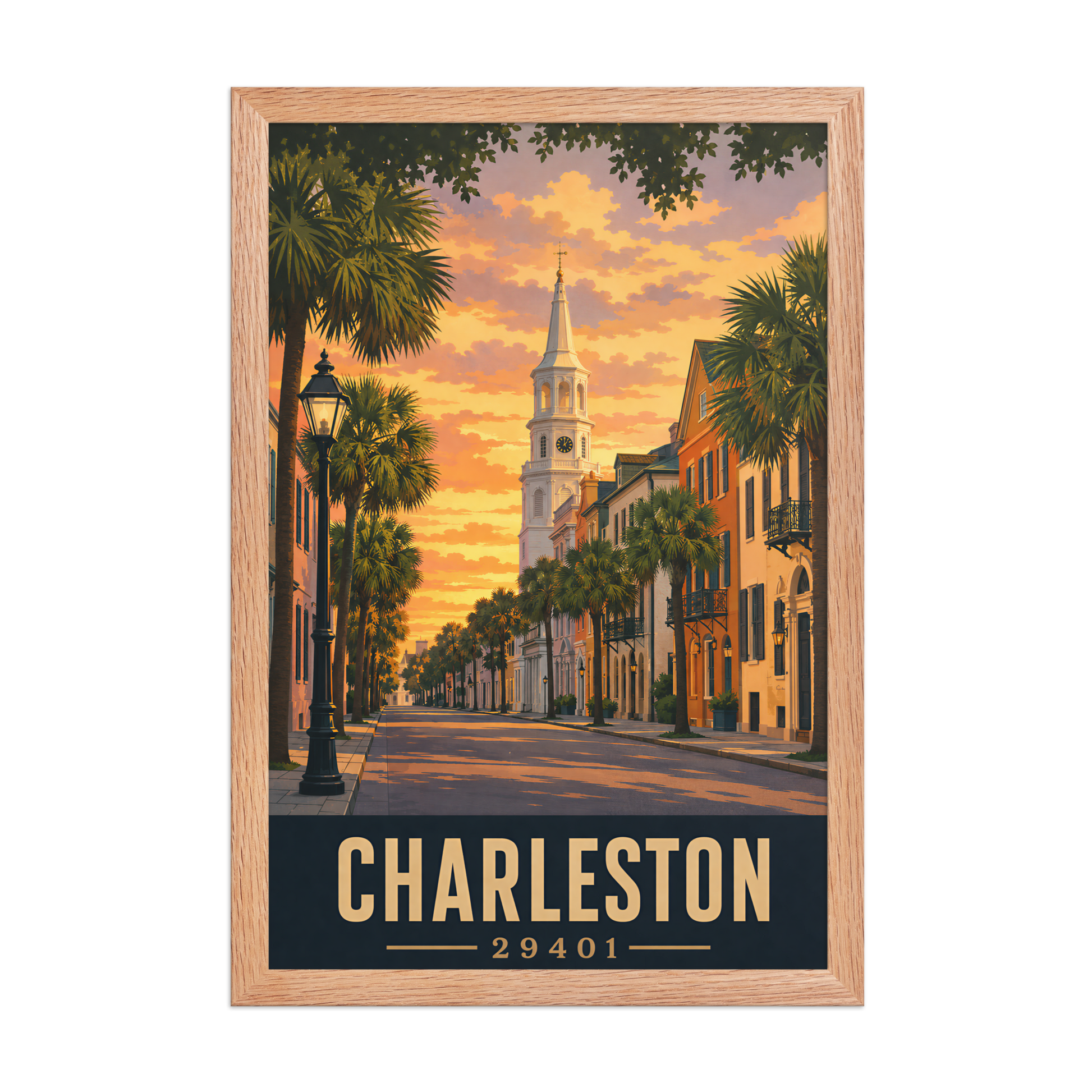 Framed Charleston church steeple sunset poster with 29401 zip code
