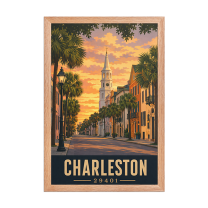 Framed Charleston church steeple sunset poster with 29401 zip code
