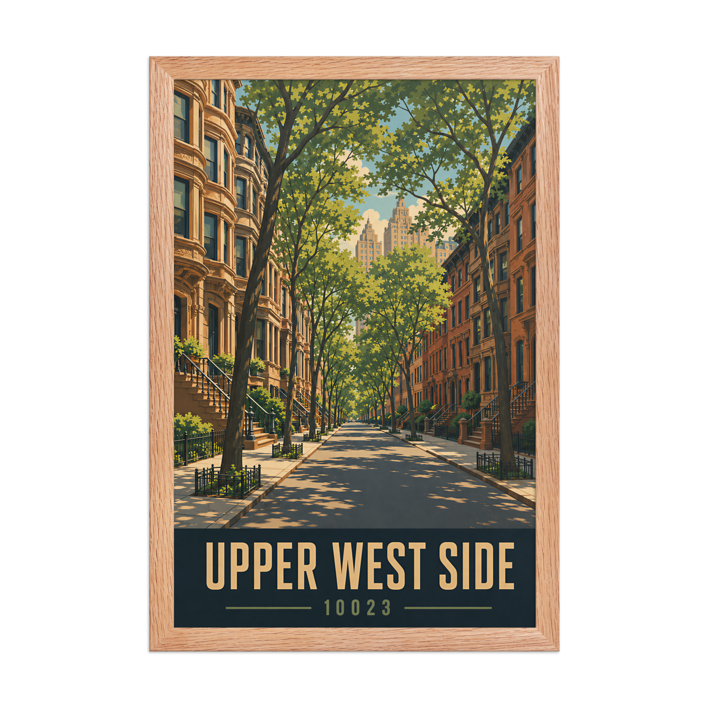 Framed Upper West Side brownstone street poster with 10023 zip code